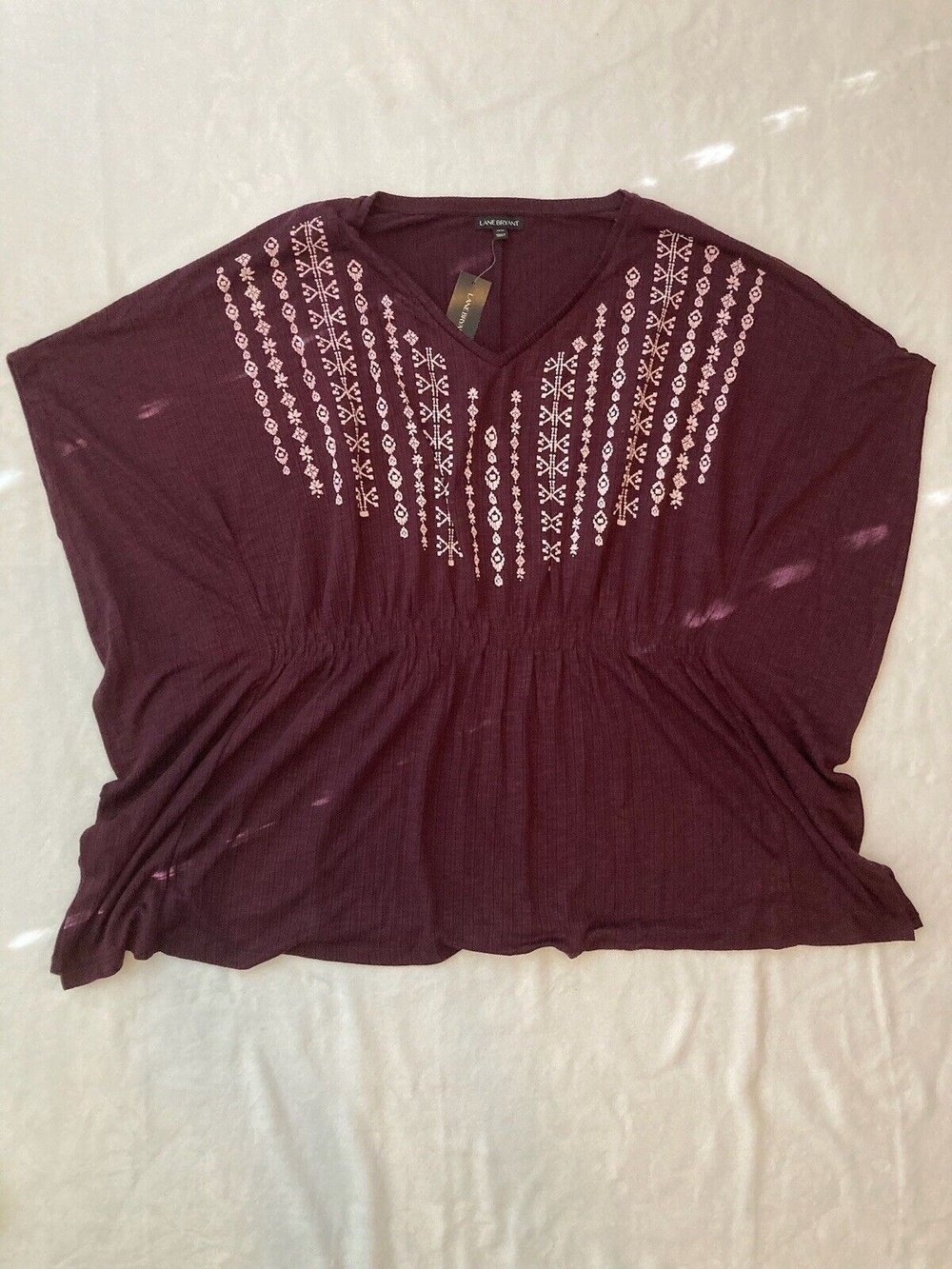 Lane Bryant Purple Plum Pullover Size 18-20 Blouse Bat Wing Sleeve Embroidered